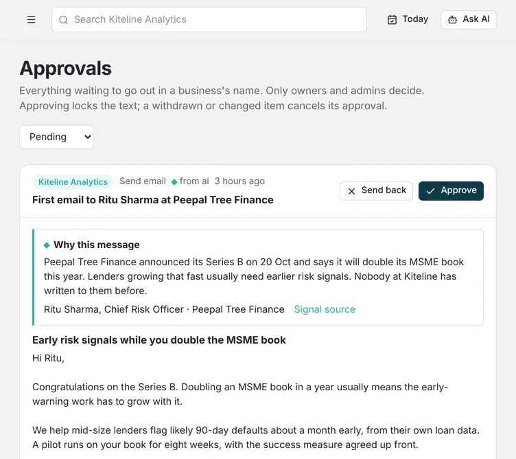 A first email drafted by the AI sales team, waiting for approval: why this message, who it is for, a link to the signal's source, and the draft itself, with Approve and Send back buttons.